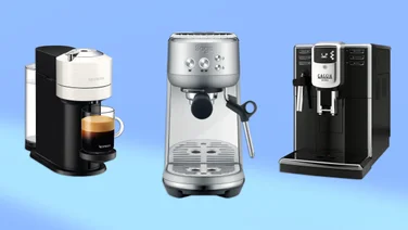 Three coffee machines on a blue background