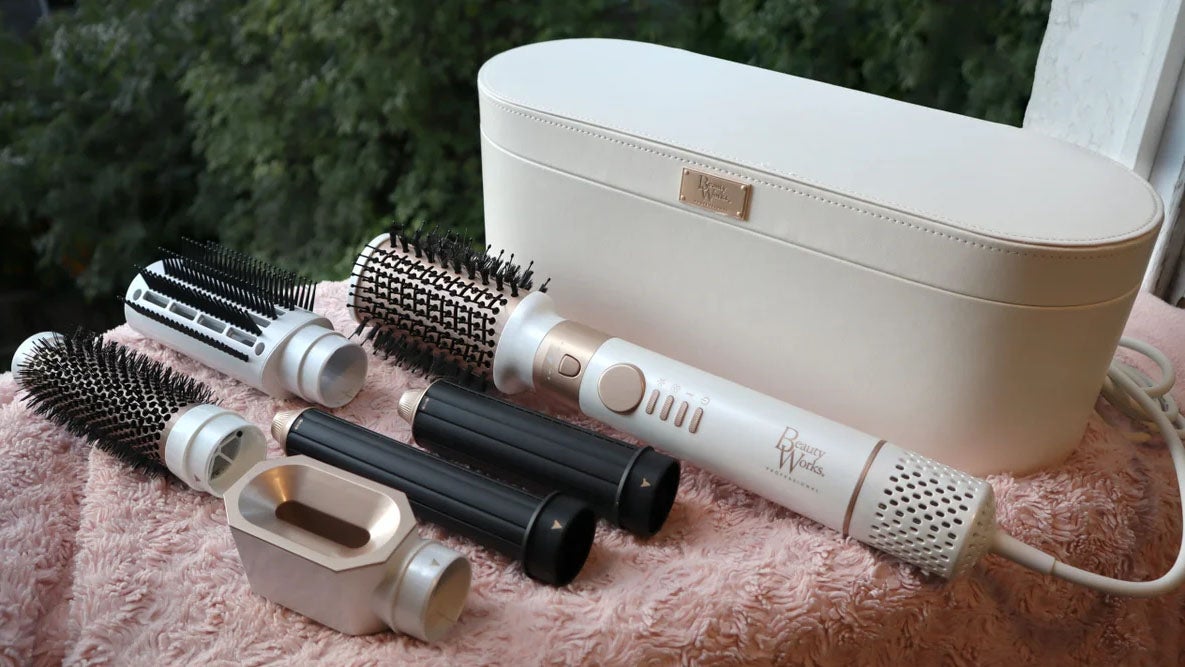 best dyson airwrap dupe Beauty Works Aeris Multi-Styler multi-styler on a pink mat