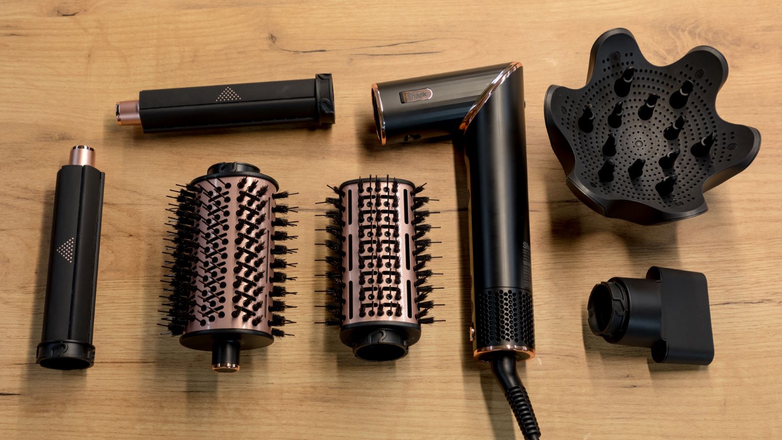 best dyson airwrap dupe Shark FlexStyle multi-styler on a wooden table