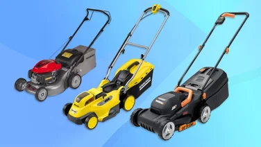 A selection of the best lawn mowers on a blue background