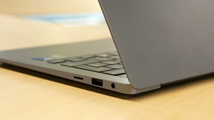 The Samsung Galaxy Book5 Pro pictured from the rear, showing a close up of the right-side ports