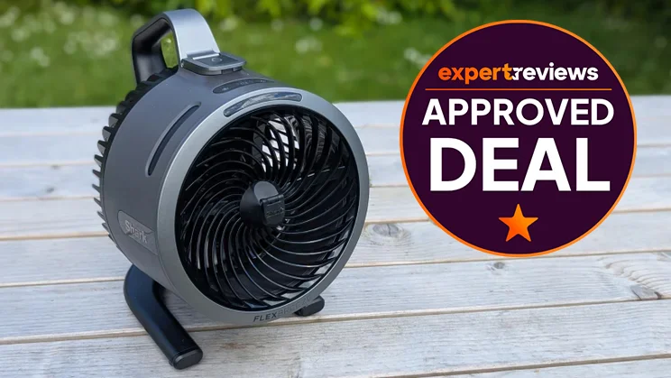 The Shark FlexBreeze HydroGo fan on a garden table, alongside a badge reading "Expert Reviews Approved Deal"